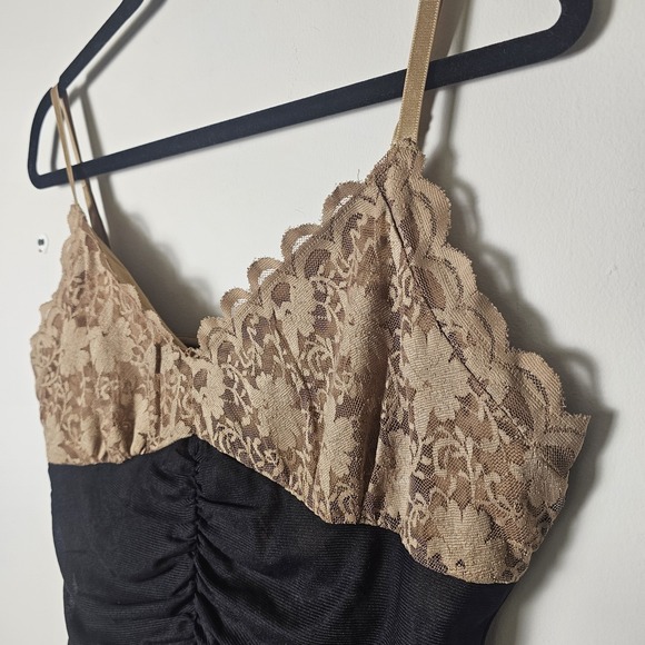 VTG Moda International XL Babydoll Top Lace Ruched Stretch Brown Fairy Y2K - Picture 6 of 8